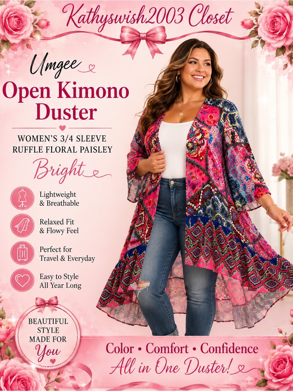 Umgee Pink Multi Floral Patchwork Open-Front Kimono